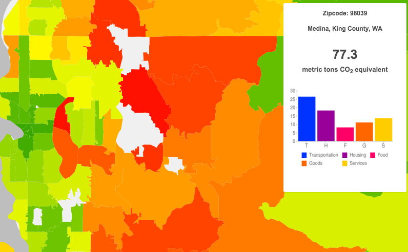 Average annual household carbon footprint (2013) for Medina is off the charts. (UC Berkeley CoolClimate Network)