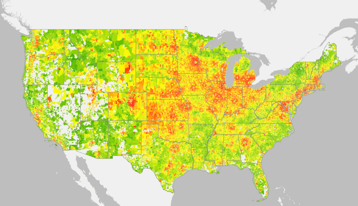 Average annual household carbon footprint (2013) in the United States by zipcode. (UC Berkeley CoolClimate Network)