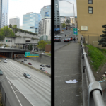 Just two examples of fenced “dead spaces”. Left: between Pike Street and Boren Avenue (behind Plymouth Pillars Park). Right: behind the low-income housing Olive Tower on Boren Avenue. Spaces like these can easily be upgraded for formal, temporary public uses. (Photos by the author)