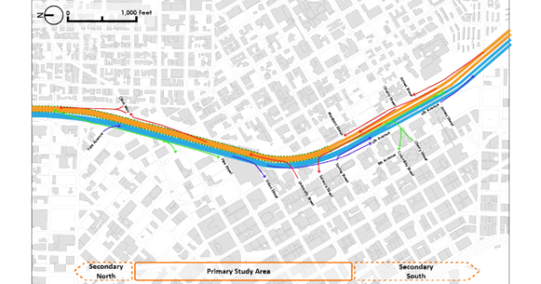 A visualization of I-5's complex weave of ramps and lanes. (Graphic by the author)