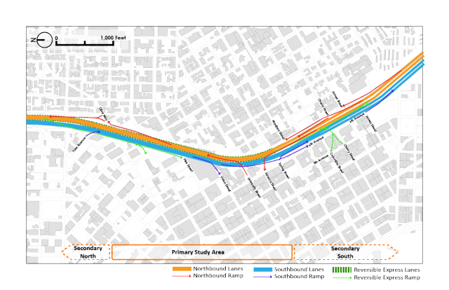 A visualization of I-5's complex weave of ramps and lanes. (Graphic by the author)