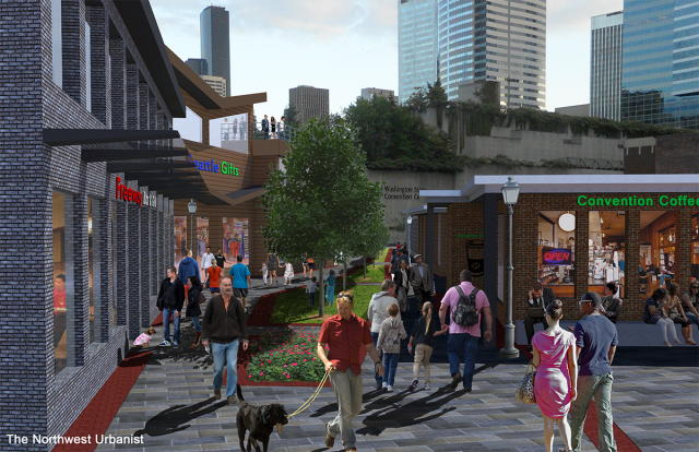 A conceptual pedestrian lane over I-5 between Pike Street and Pine Street, tying into the Pike-Pine commercial corridor and proximity to the busy Convention Center. Click to enlarge and see a before-and-after view. (Graphic by the author) A conceptual pedestrian lane over I-5 between Pike Street and Pine Street, tying into the Pike-Pine commercial corridor and proximity to the busy Convention Center. Click to enlarge and see a before-and-after view. (Graphic by the author)