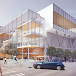 The preferred WSCC expansion design hangs over the freeway at the west corner of Pine Street and Boren Avenue. At street level this corner of the building will have small retail spaces and building entries. The building’s exterior will also have much greater transparency than the original WSCC facility. (LMN Architects)