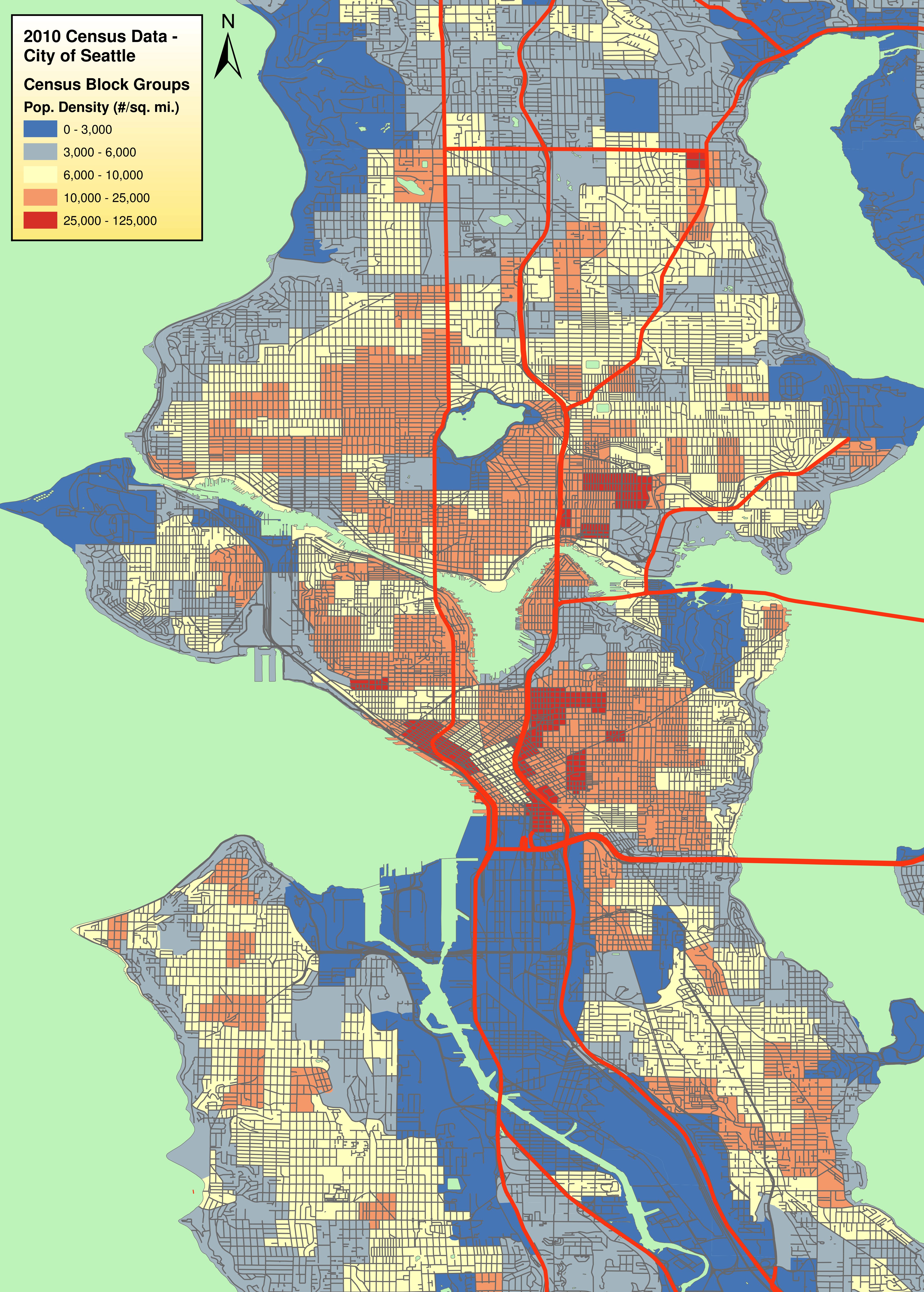 Chad Newton at Build The City blog made this nifty density map based on 2010 census data. As you can see, West Seattle has only a few sections in the orange (10,000 to 25,000) density level. (Chad Newton)