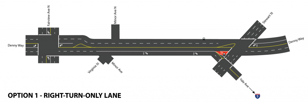 Denny Way with right-turn-only lane. Click for larger version. (Graphic by Scott Bonjukian)