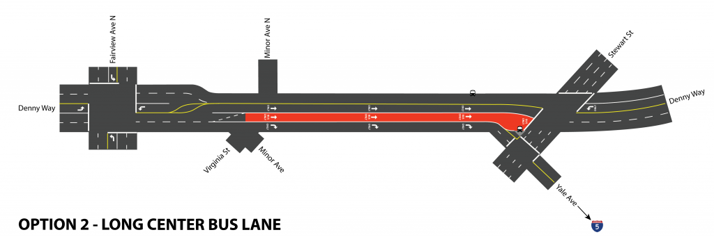 Denny Way with center bus lane. Click for larger version. (Graphic by Scott Bonjukian)