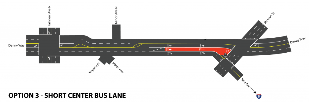 Denny Way with short center bus lane. Click for larger version. (Graphic by Scott Bonjukian)