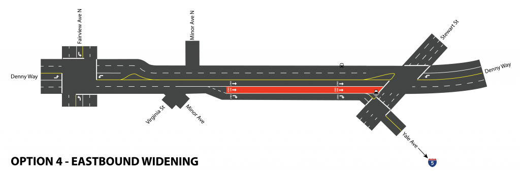 Denny Way with center bus lane and road widening. Click for larger version. (Graphic by Scott Bonjukian)
