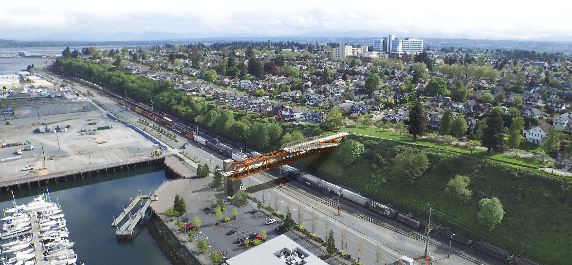 View of the pedestrian bridge from the southwest. (City of Everett)