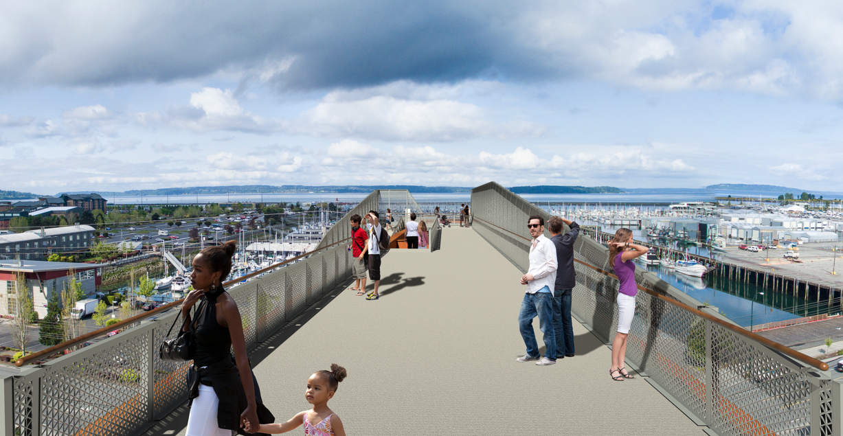 Waterfront view of the Grand Avenue Park pedestrian bridge. (City of Everett)