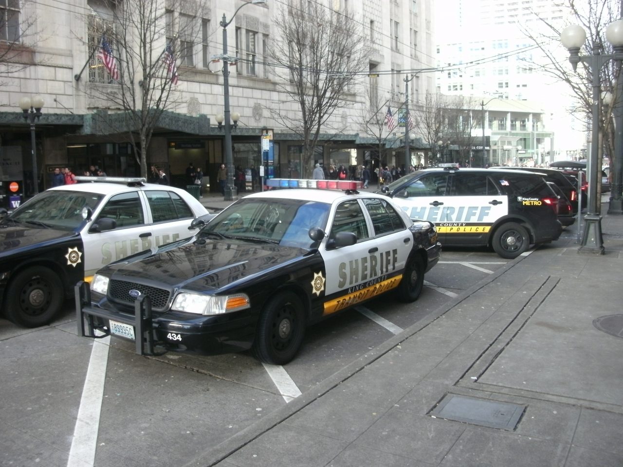 3rd and Pine Several sheriff vehicles park on Pine Street in Downtown Seattle next to the light rail station.