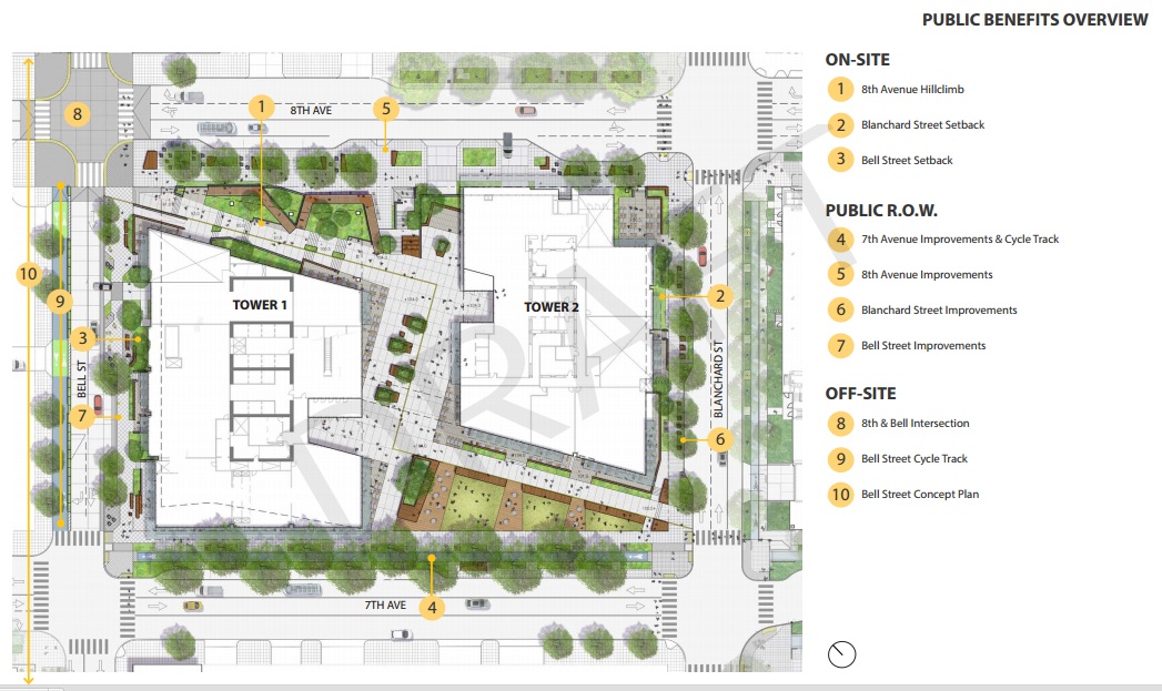 A map showing the proposed public benefits on the site. Click for a larger version. (City of Seattle)