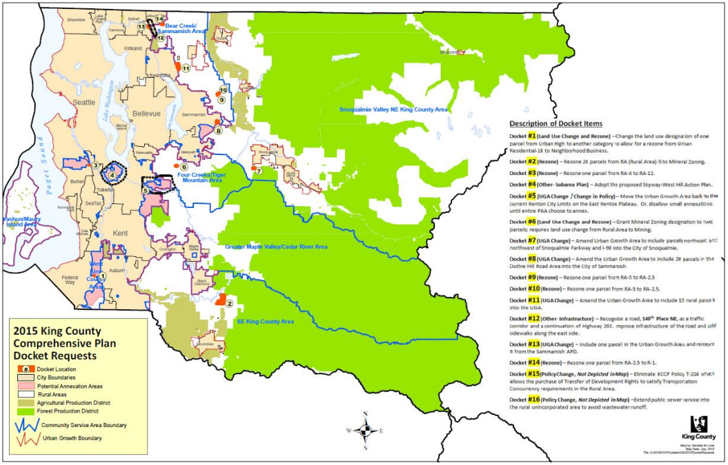 Map of 2015 docket requests to the Comprehensive Plan. Click for larger version. (King County)