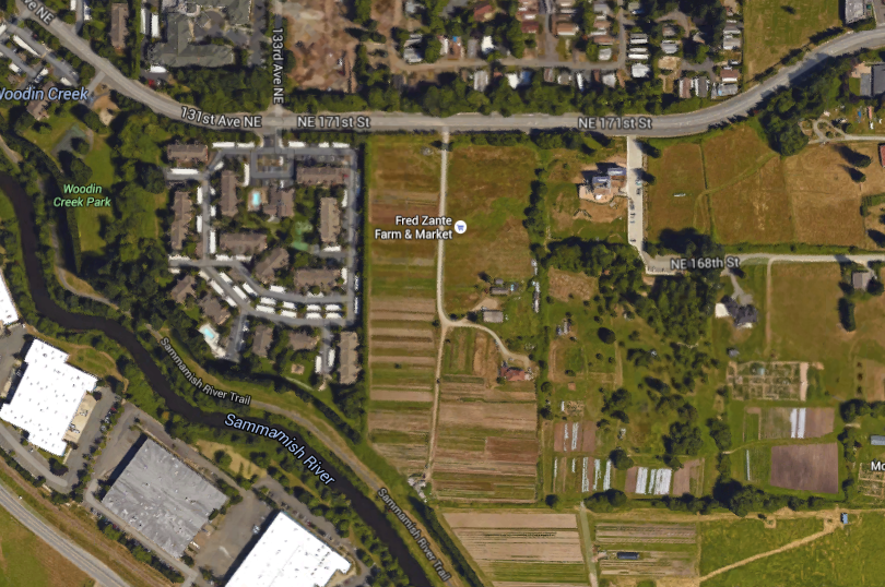 Aerial of land use pattern near the proposed Woodinville UGA expansion site. (Google Maps)