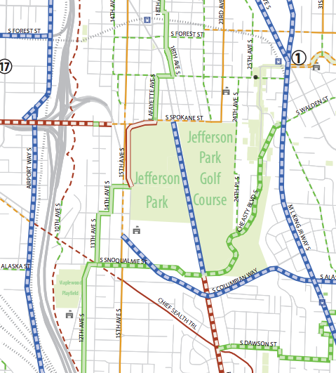 Excerpt of existing and planned bike corridors. Solid green = existing Greenways. (City of Seattle)
