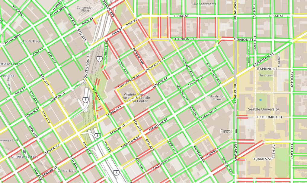Accessibility near I-5 and First Hill. (AccessMap/Mapbox)