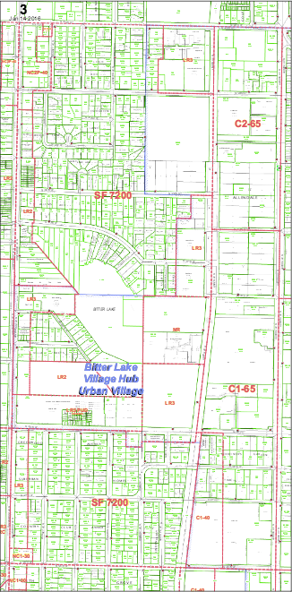 Bitter Lake is zoned with Type V in mind, but zoning changes or a CLT bonus could push the neighborhood beyond that. (DPD Map 3)