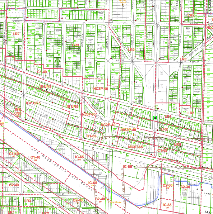 Fremont zoning maxes out at 65 feet. HALA proposes taking those zones to 75 feet. A CLT bonus of 35 feet would push that to 110 feet, potentially a 10-story building. (DPD Map 75)