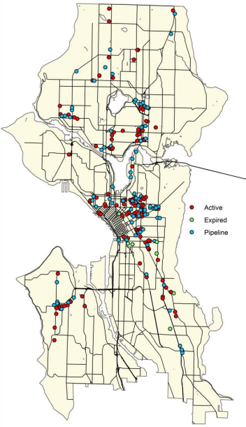 Developments active in the MFTE program, in the pipeline, or expired. (City of Seattle)
