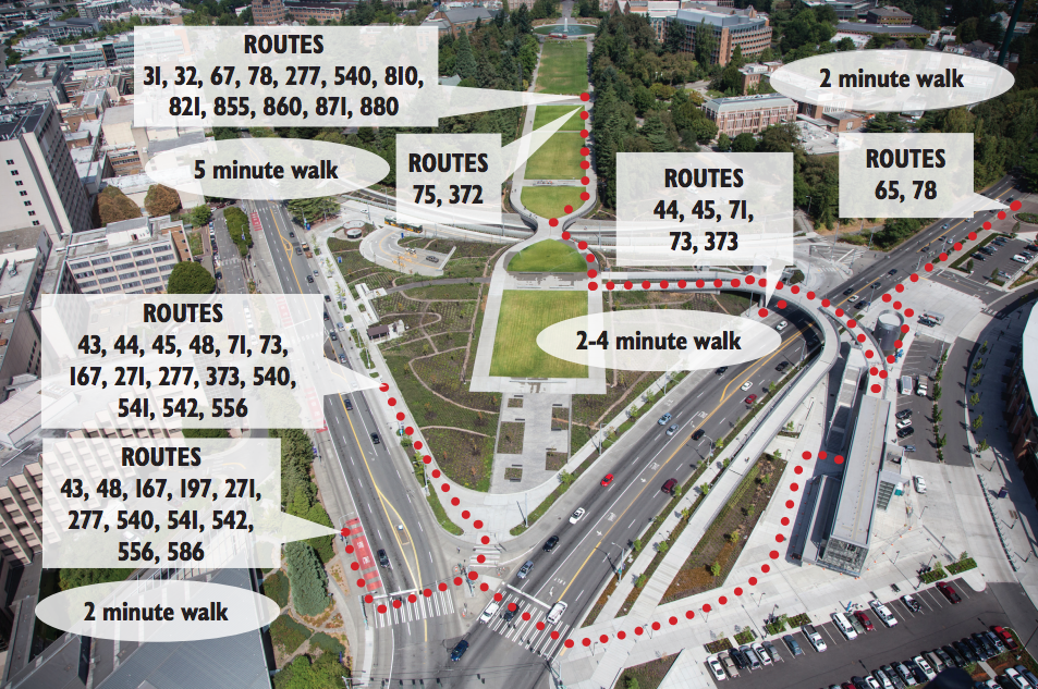 Aerial perspective of local stops and routes serving them. (King County Metro)