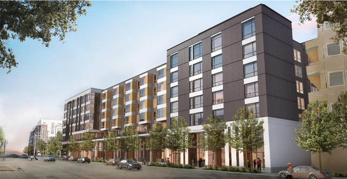 The Valdok building will stand 7-stories tall at 1701 NE 56th Street in Ballard (155 apartments, 22 live-work units, 163 below grade parking units). It's about as high as Type V construction can go. CTL or concrete will be needed to go higher. (Clark Design Group)
