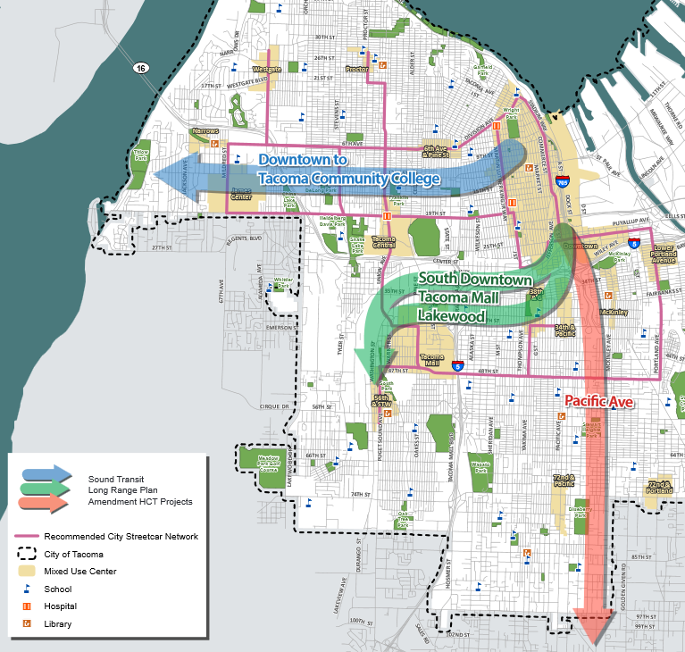 Sound Transit 3 could fund the remaining portions of Tacoma’s HCT system, but Mayor Strickland only requested that the Blue Line to TCC be included in the ballot measure. Click to enlarge. (City of Tacoma)