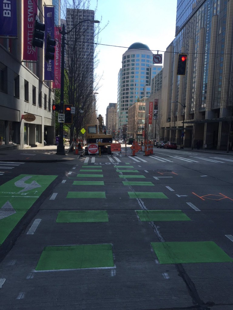 The 2nd Ave protected bike lane closed for construction.