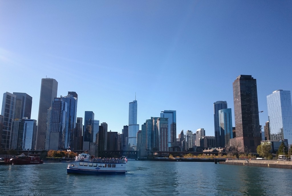 A view of Chicago's skyline from the Chicago Architecture Foundation's River Cruise. Photo by Sarah Oberklaid. 