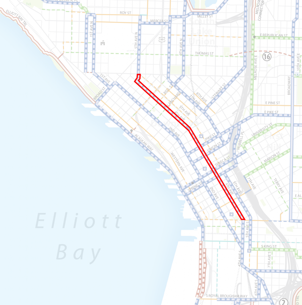 Map of Downtown Bike Master Plan plan and 4th Avenue project context. (City of Seattle; graphic by the author)