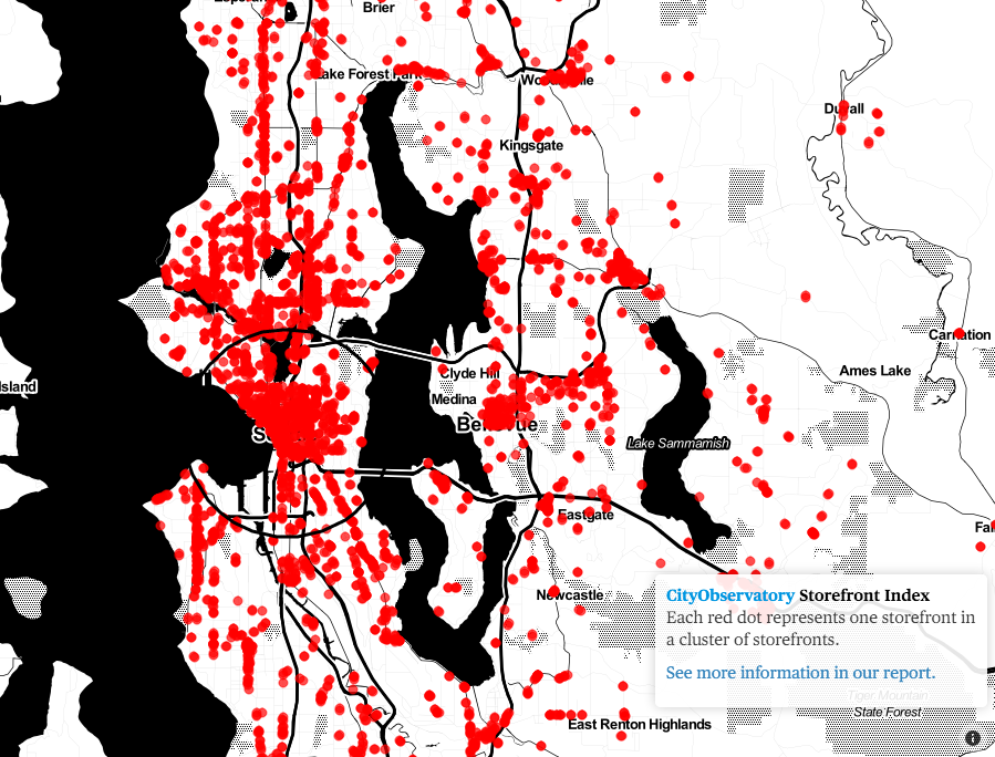 Storefront density in the Seattle and peer cities. (City Observatory)