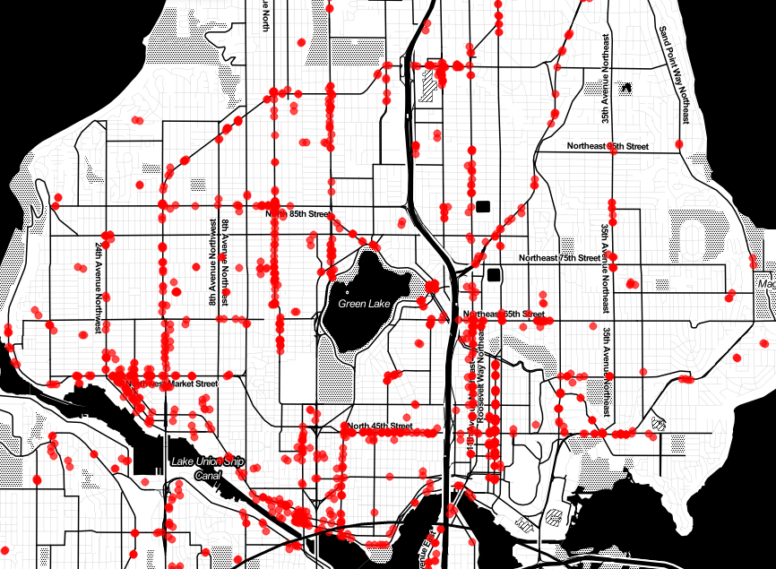 Density of storefronts in portions of North Seattle. (City Observatory)