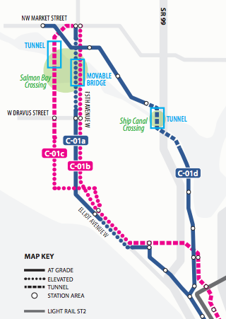 Some of the alternatives considered for a Ballard line. (Sound Transit)