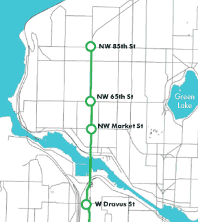 Seattle Monorail's Green Line alignment in Ballard (Seattle Monorail Project)