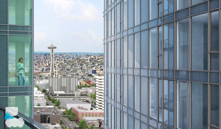 A view from the 5th & Virginia building to the Space Needle and the Escala next door. (City of Seattle / Perkins + Will)