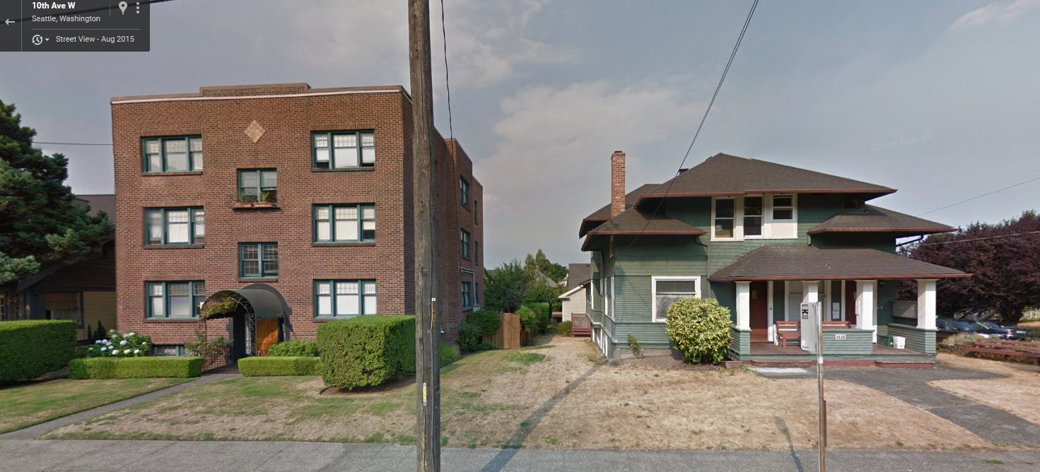 Two great examples of multi-family housing in a single-family neighborhood, near the corner of 10th Avenue West and West Blaine Street. (Google Streetview)