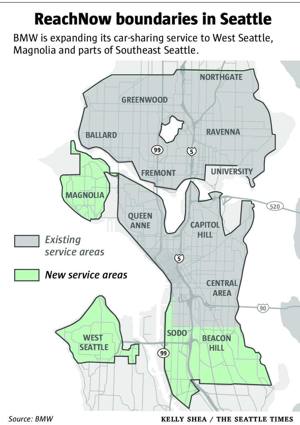 ReachNow's expansion areas to Magnolia, West Seattle, and portions of South Seattle. (The Seattle Times)