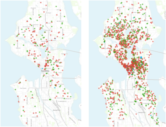 Airbnb rental reviews from July 2013 (left) and July 2015 (right). Red dot = entire house/apartment; Green dot = private room; and Blue dot = shared room. (Inside Airbnb / City of Seattle)
