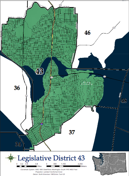 The 43rd Legislative District stretches from downtown to Madison Park and north to Green Lake, picking up First Hill, Eastlake, Montlake, Wallingford, Fremont, and parts of University District, and Ravenna along the way. (Washington State Redistricting Commission)