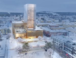 The wooden framed, steel-girded tower will house a cultural center and a hotel.