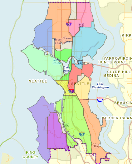 Geographic areas of existing Neighborhood District Councils. Areas in grey are represented by more than one district council. (City of Seattle)