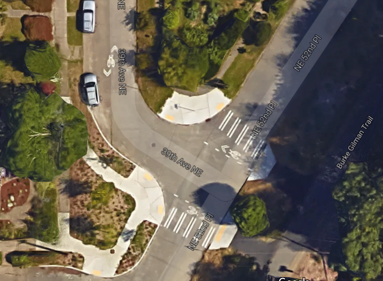 The intersection of NE 52nd Pl, 39th Ave NE, and the Burke-Gilman Trail. (Google Maps)