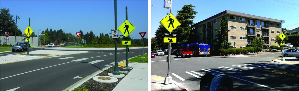 Left: Rapid flashing beacons at a roundabout. Right: rapid flashing beacons installed in 2015 at the intersection of 15th Avenue NE and NE 55th Street. (Photos by the author)