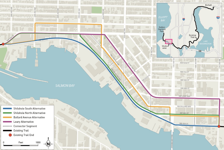 The alternatives being considered for the missing Burke Gilman trail segment (City of Seattle)