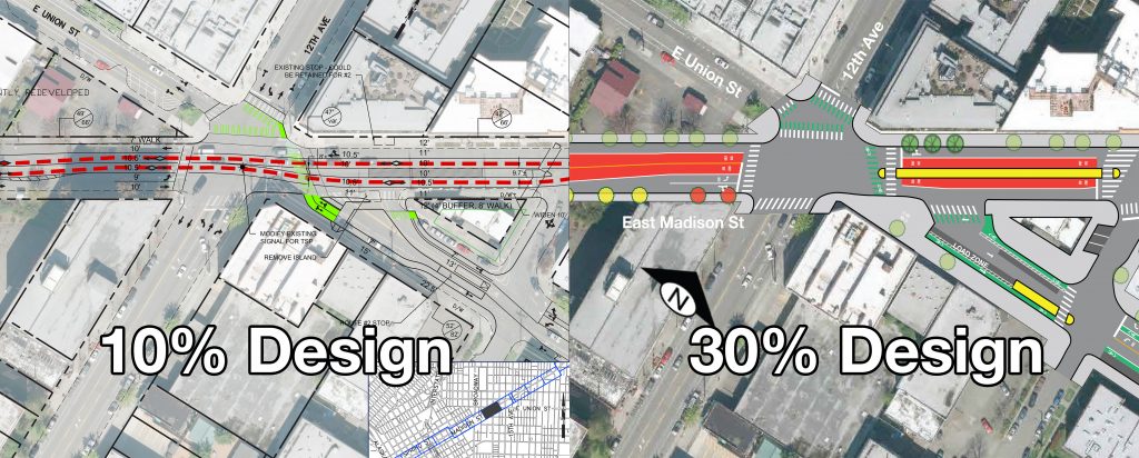 Comparison of the proposed E Madison St / 12th Ave E intersection: 10% design (better) vs 30% design (worse). (City of Seattle)