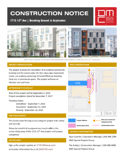 Construction notice for 1715 12th Ave. (DMC Special Projects Group)