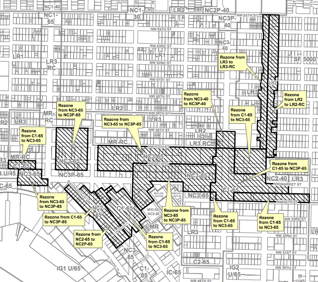 Areas in Ballard proposed for rezoning. (City of Seattle)