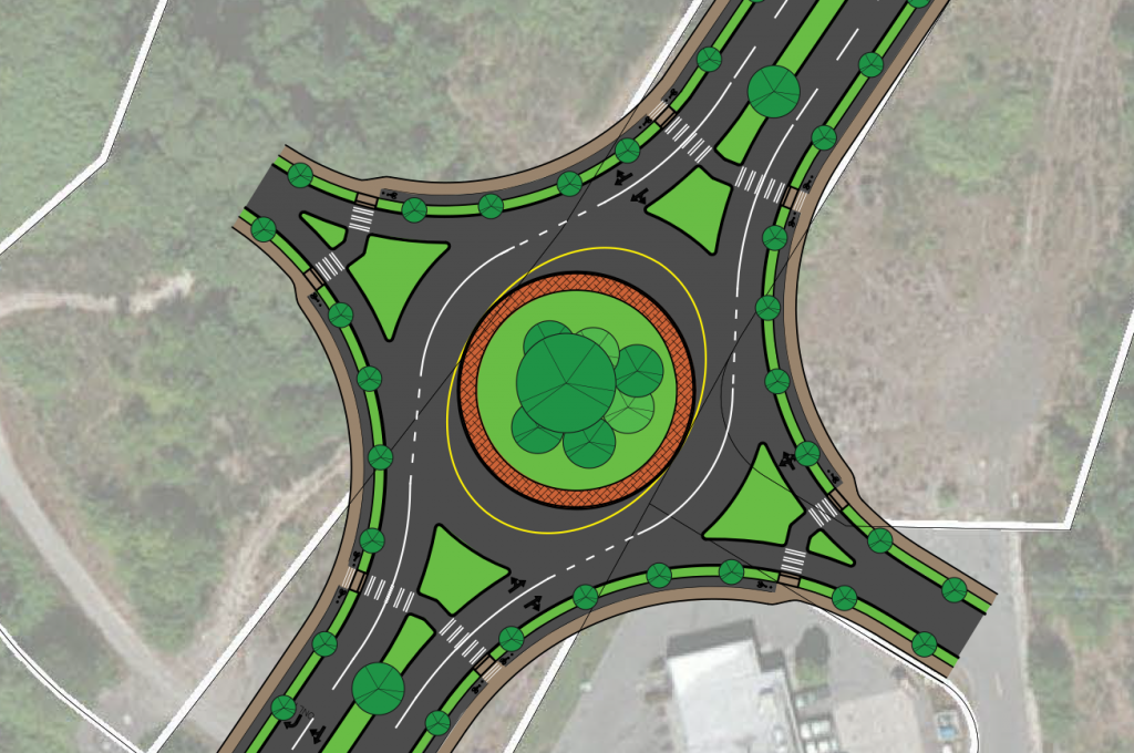 Example of a modern roundabout plan on a state highway, with an outer ring for pedestrians and cyclists. (Graphic by Scott Bonjukian)