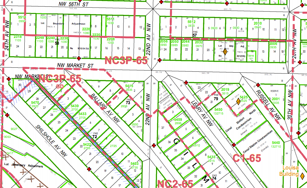 Zoning map showing parcel line and historic lot lines. (City of Seattle)