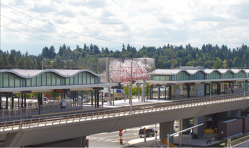 The "Cloud" sculpture looms over the elevated Angle Lake Station. (Sound Transit)