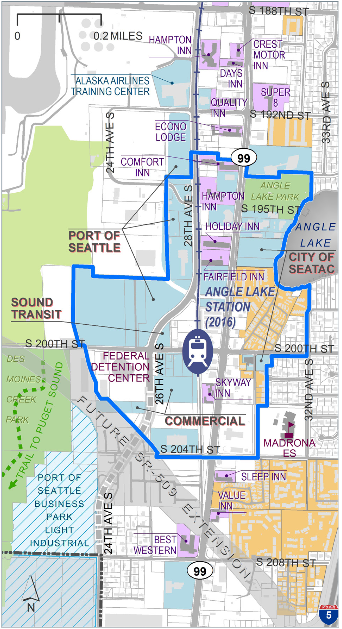 The blue line makes the station overlay district with the major landholders labeled. (SeaTac)